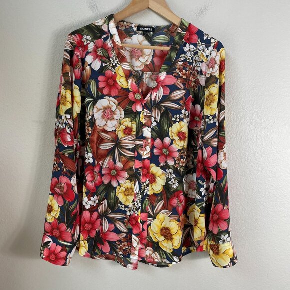 Express Womens Large Floral V Neck Blouse Roll Tab Sleeve Collarless Shirt - Picture 1 of 8
